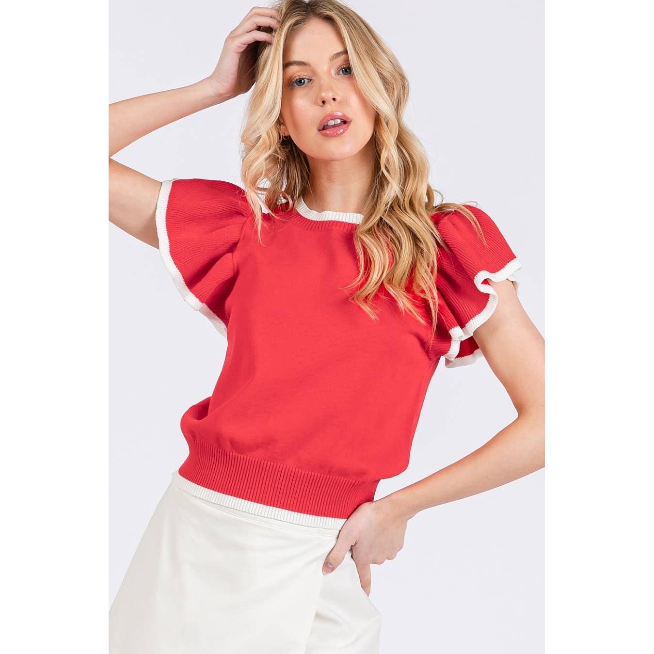 mittoshop - Wholesale Knit Top - Women's - SWEATER KNIT RUFFLE SLEEVE CONTRAST CROP TOP17