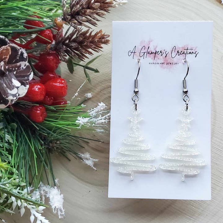 Orecchini in acrilico con nastro glitterato White Snow Glitter per la vendita all'ingrosso da parte di A Glamper's Creations LLC