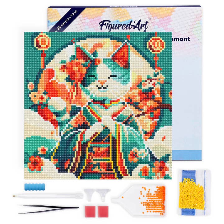 Mini Diamond Painting 25x25cm - Japanese Princess Cat - Framed canvas for wholesale by Figured'Art (UK)