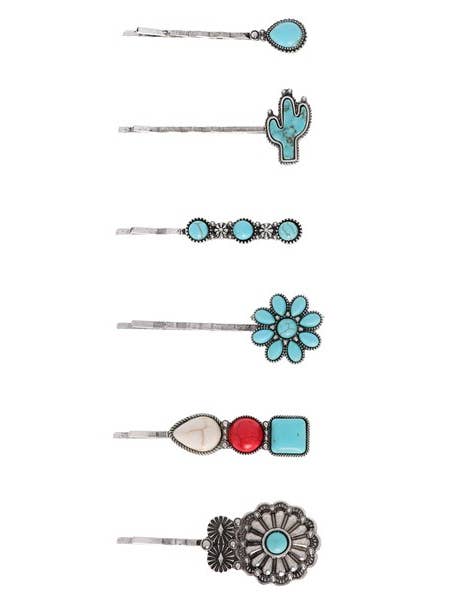 6-PIECE TURQUOISE SEMI STONE HAIR PIN SET H11849 for wholesale by anbfashion