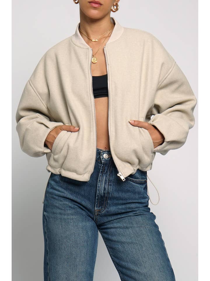 PLEATED CUFF LIGHTWEIGHT ZIP UP BOMBER JACKET for wholesale by Sans Souci