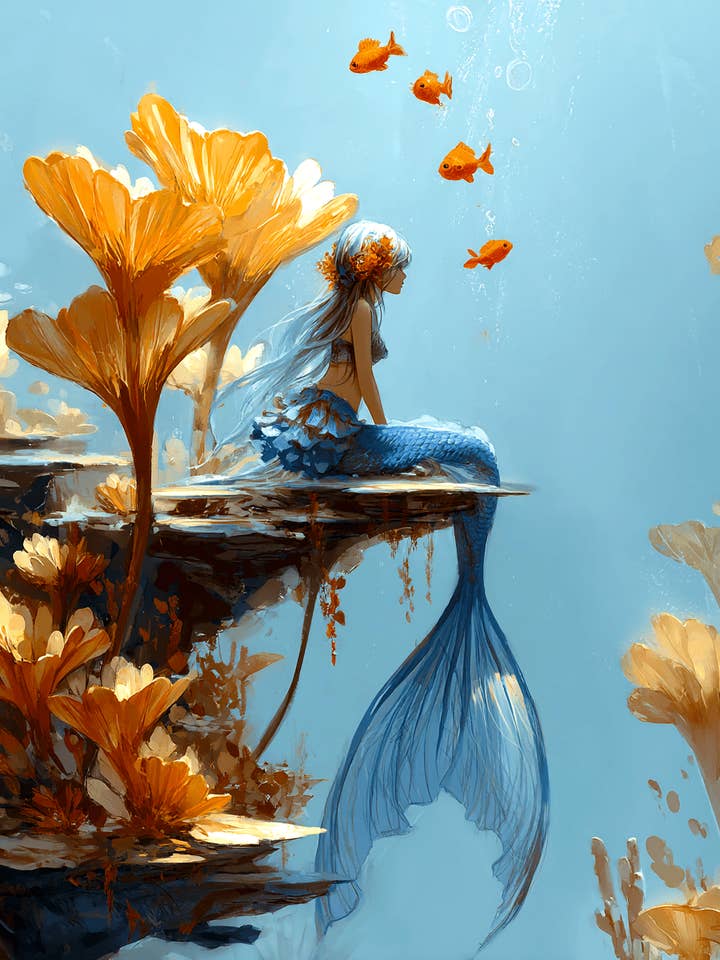 Meerjungfrau sitzt auf Sims Küstenkunst Druck - 8"x10" Kunstwerk für den Großhandel von Mowbi