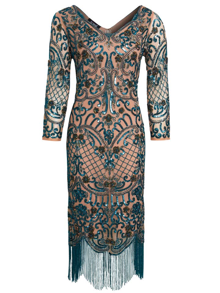 Jywal London® - Wholesale Dress - Women's - Beatrice V Neck Blue Embellished Fringe Flapper Dress