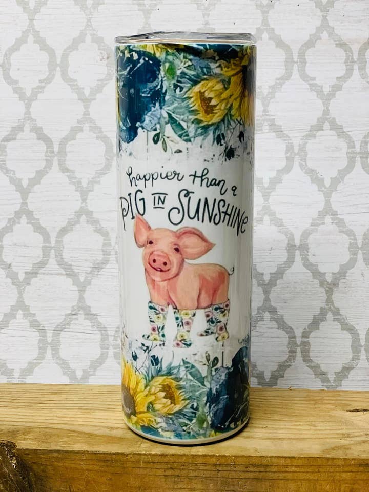 Pig In Sunshine 20oz skinny stainless steel tumbler for wholesale by Indigo Sky Mercantile