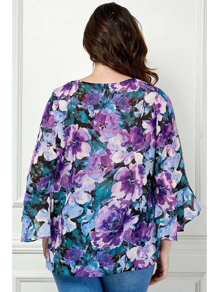 Navy Purple Teal PLUS SIZE RUFFLE SLEEVE V-NECK SWING BLOUSE for wholesale on Faire
