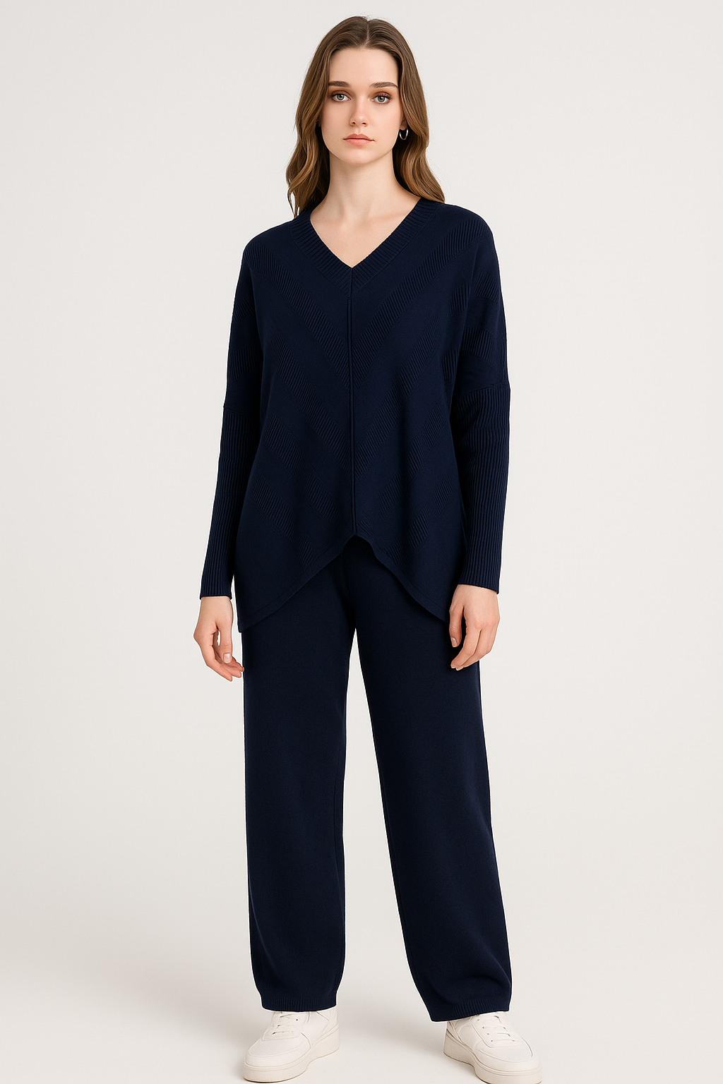 Lucy Sparks – Conjunto de top e calça (roupa NÃO Casual) - Mulher por atacado – Conjunto oversized de malha com gola V canelada e calças4