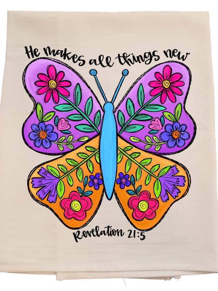 Butterfly Scripture Tea Towel for wholesale by Bunnies and Bows