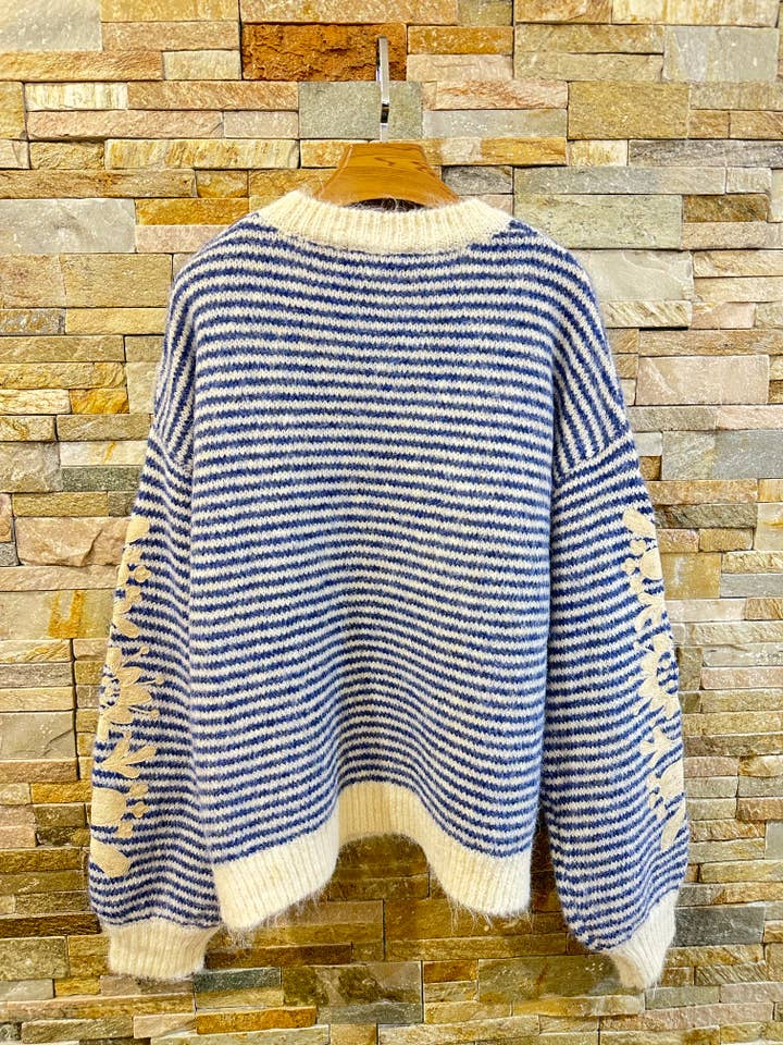 Blue ✨Striped Embroidered Wool Sweater – Softness & Elegance in Knit AP160 for wholesale on Faire4