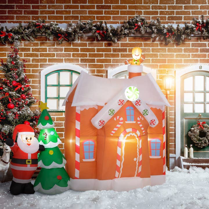 39F Inc. - Wholesale Inflatables - 7FT Inflatable Gingerbread House with Santa and Tree Lights