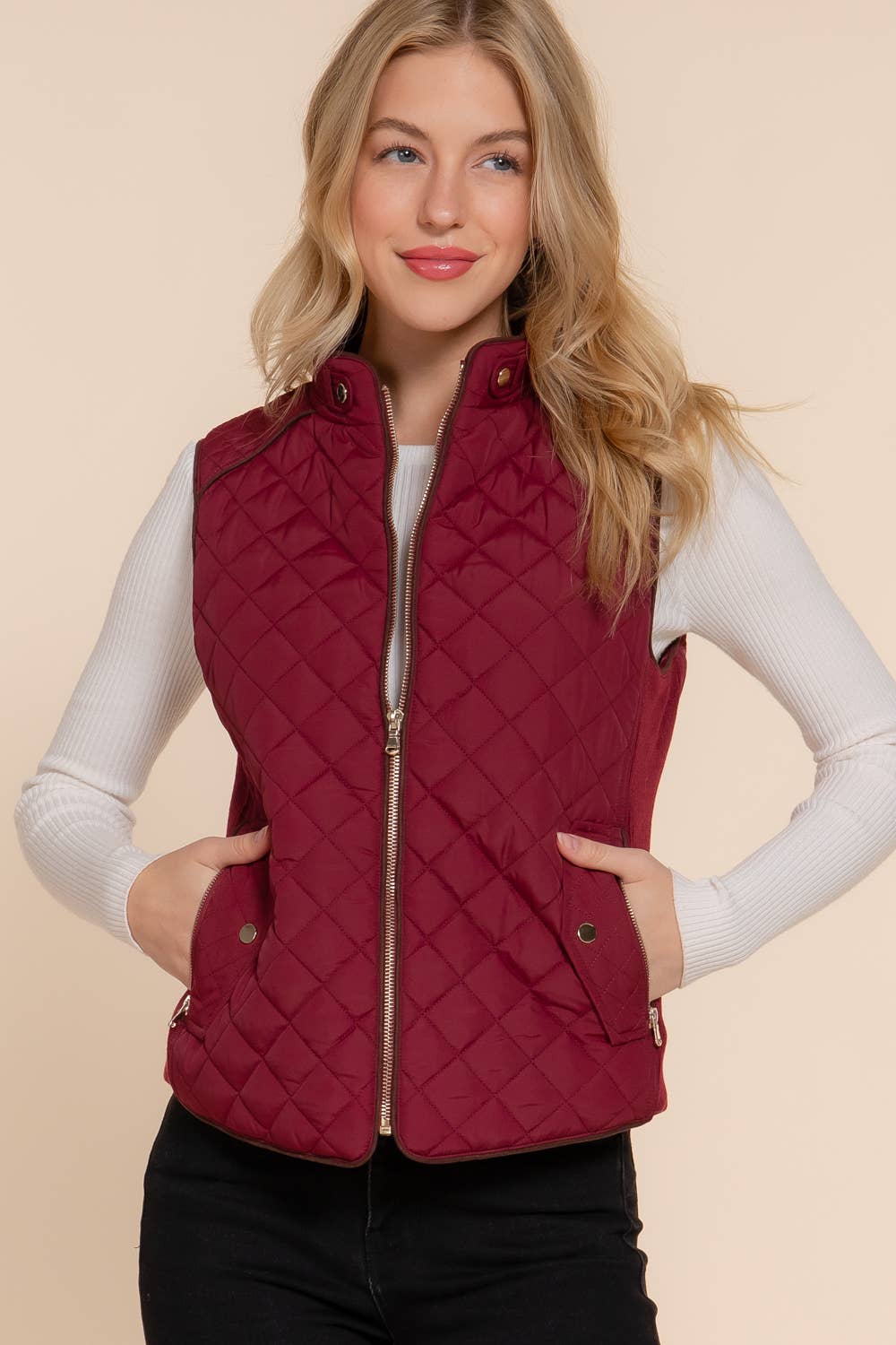 Active Basic | Active USA - Wholesale Outerwear Vest - Women's - Suede Piping Detail Rib Quilted Padding Vest38