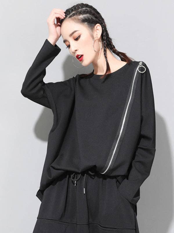 Sheer Trend - Wholesale Tunic - Women's - Black&White Asymmetric Zipper Split-Joint Loose T-Shirt Tops0