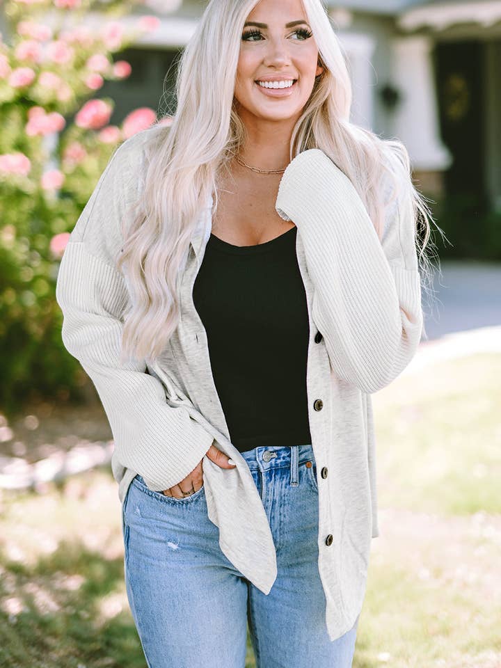 Gray Berkley Button Up Knitted Sleeves Hooded Jacket for wholesale on Faire
