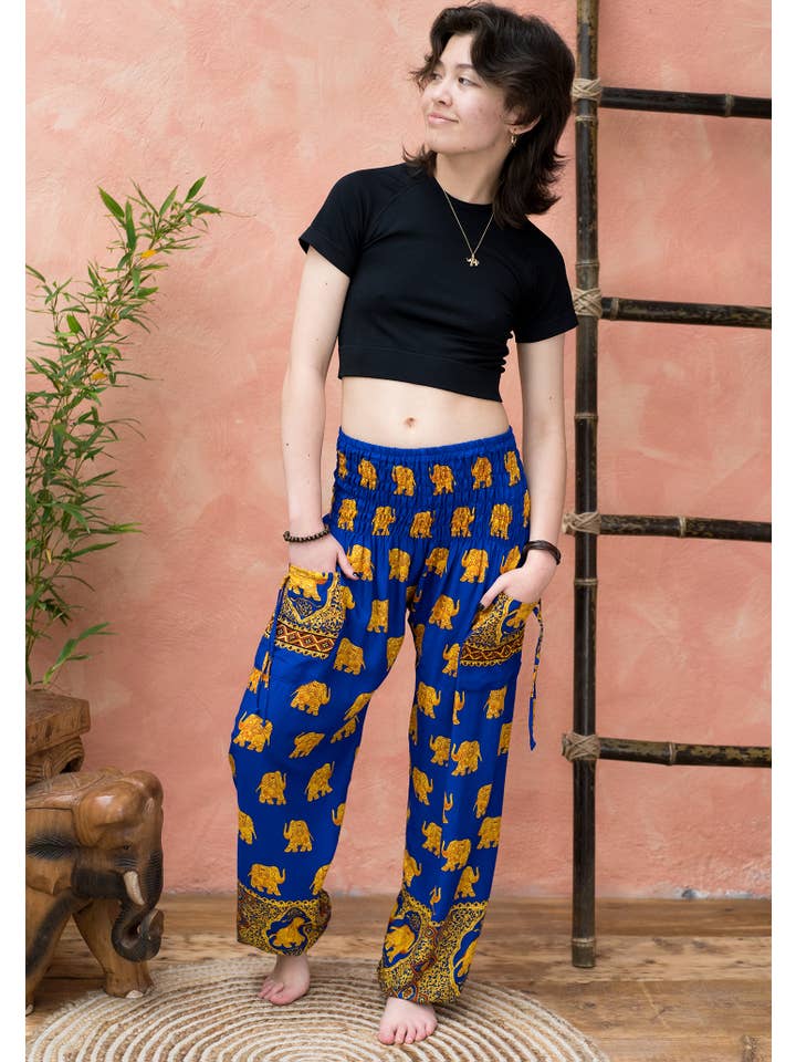 Namaste - Wholesale Pants - Women's - Freesize Gold Elephant Print Trouser With 2 Tie Pockets