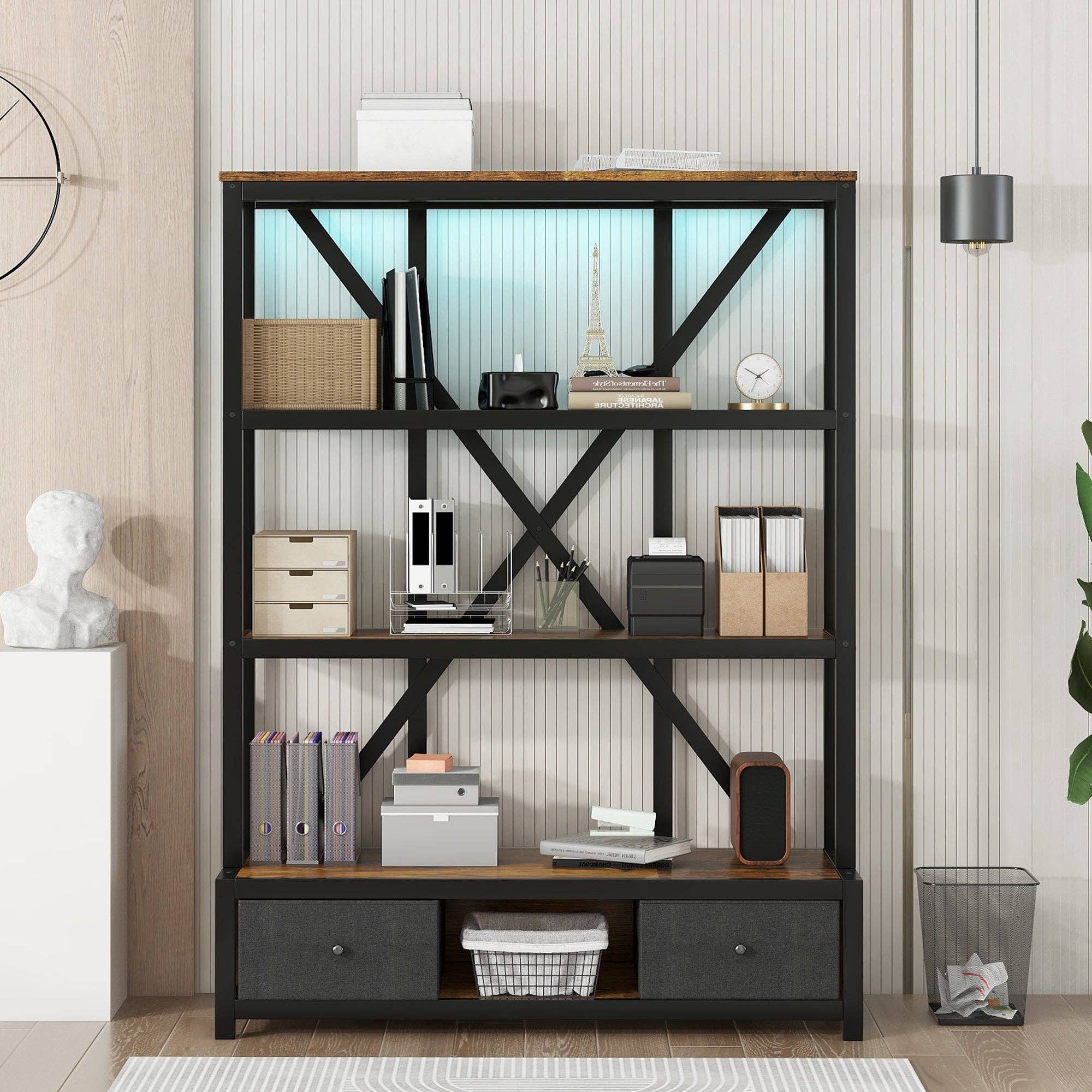 39F Inc. - Wholesale Bookcase - Vintage 3-Shelf Bookcase with Drawers and LED Lighting2