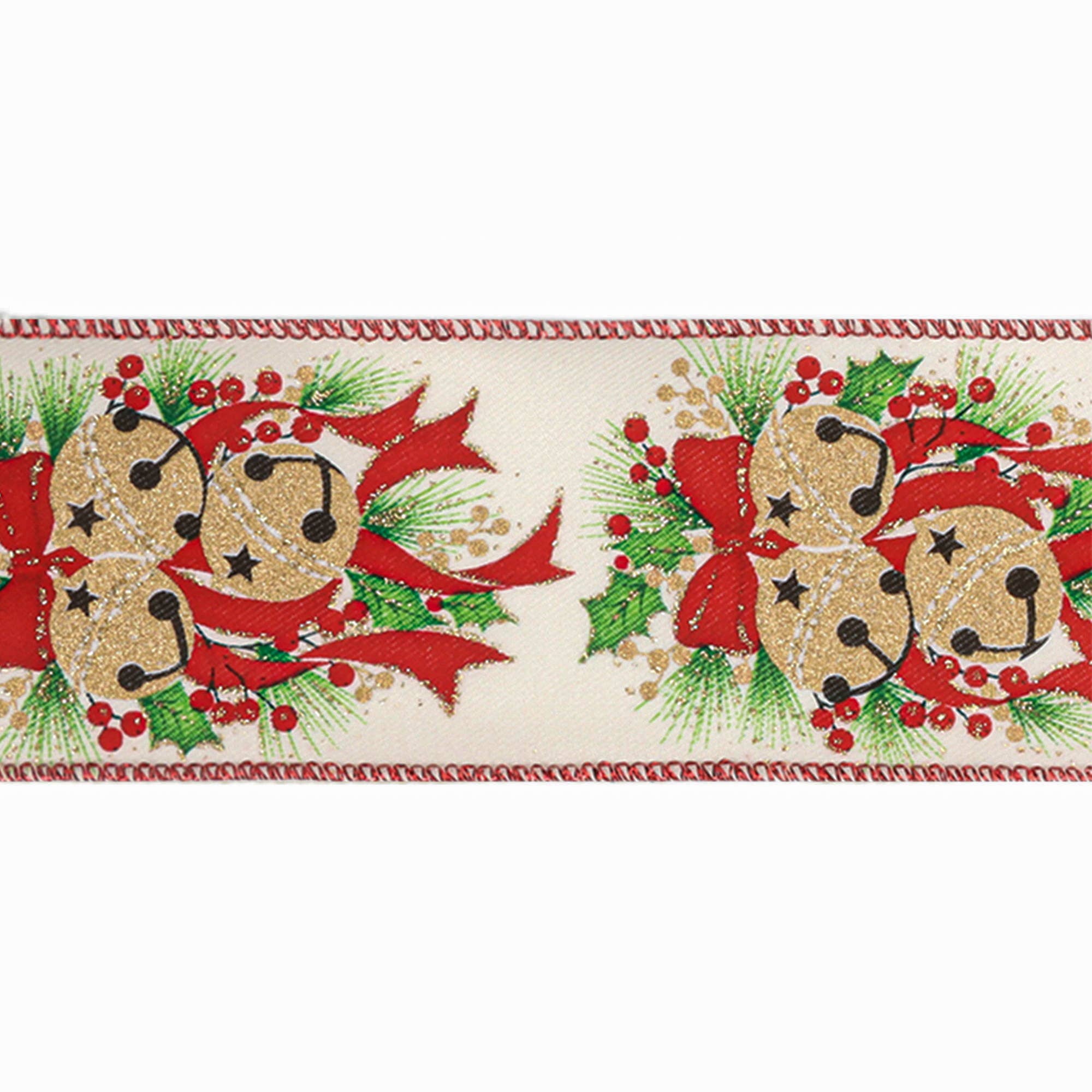 LA Ribbons Wholesale – fita para embrulhar presentes por atacado – Fita de Natal com Arame 2 1/2" | Sinos Brancos c/ Azevinho | Rolo de 10 Jardas1