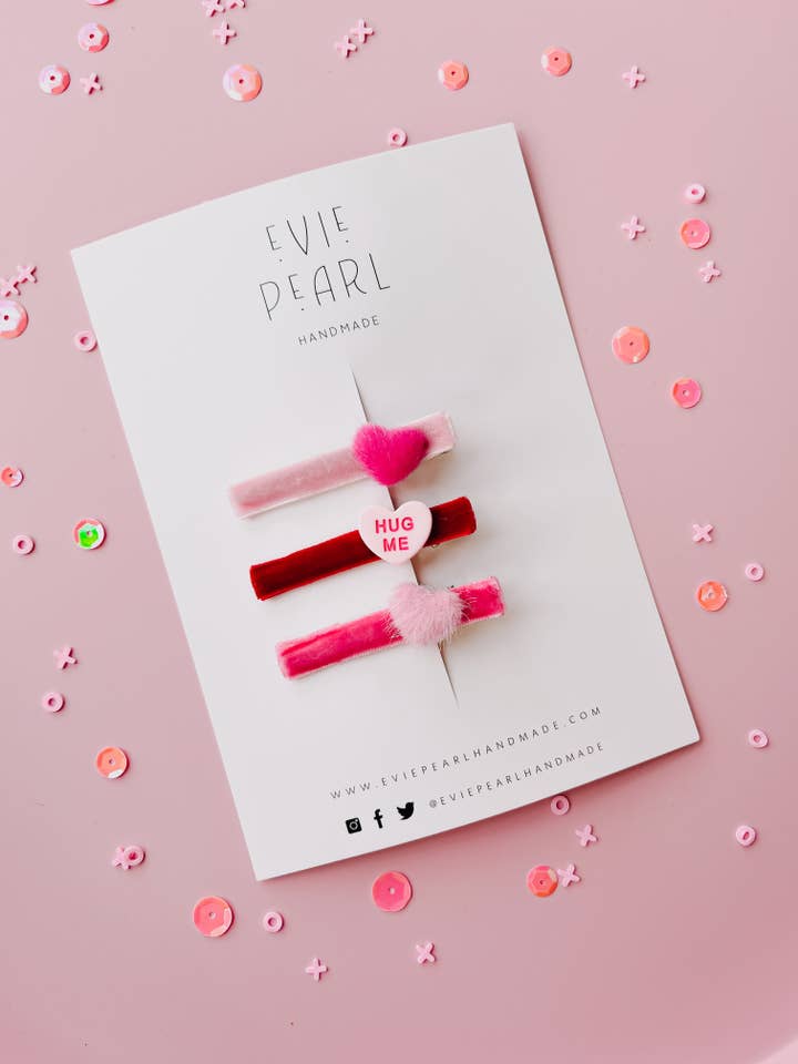 Fuzzy Heart Hug Me Trio Clip Set for wholesale by Evie Pearl Handmade LLC