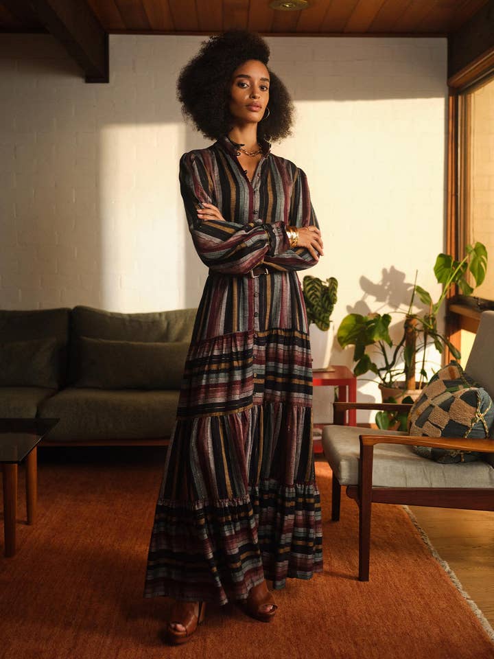 Vintage Stripe Forcast Women's Roxana Linen Tiered Maxi Dress for wholesale on Faire6