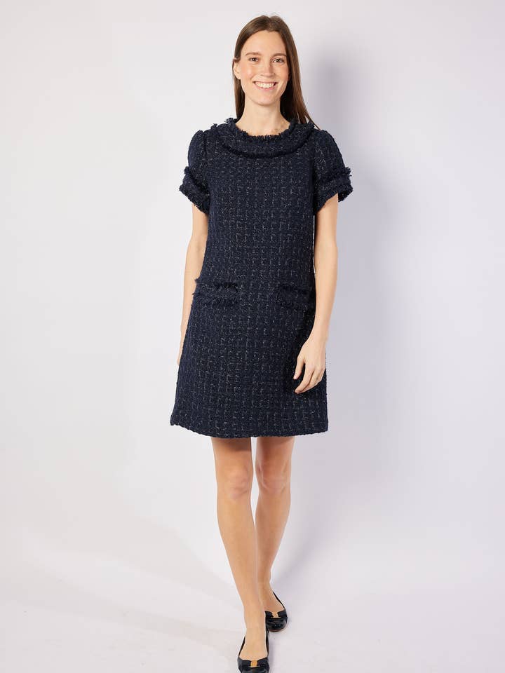 Navy Metallic Tweed Short Sleeve Shift Dress for wholesale on Faire3