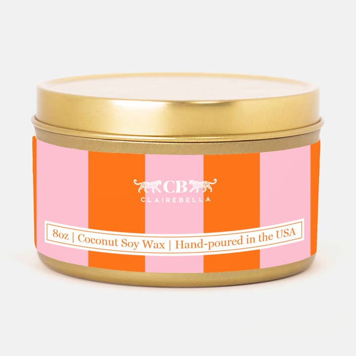 Pink/Orange Stripe | Orange Creamsicle Scent | Tin Candle for wholesale by Clairebella Personalized Gifts & Pillows