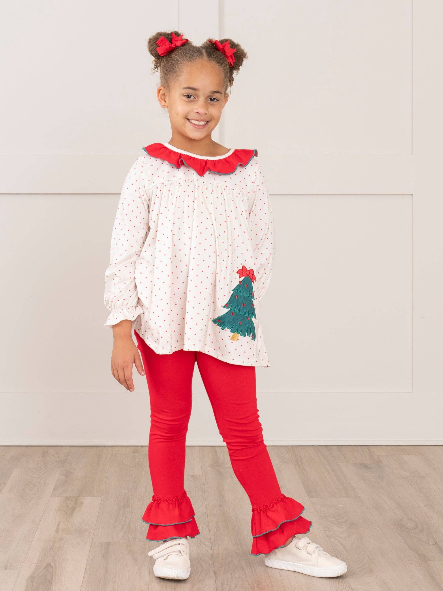 Marie Nicole Clothing - Wholesale Top & Leggings Set - Kids - Polka Dots Embroidered Trees Ruffle Outfit2