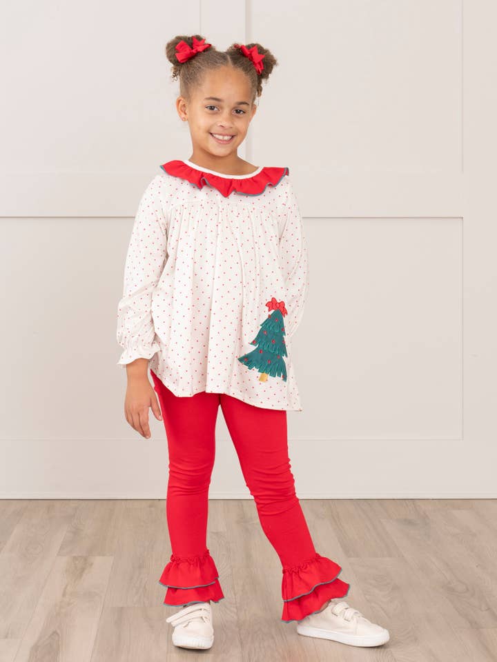 Marie Nicole Clothing - Wholesale Top & Leggings Set - Kids - Polka Dots Embroidered Trees Ruffle Outfit2