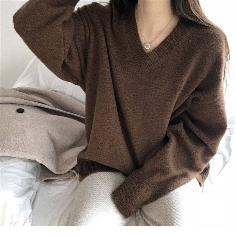 UZ Wholesale Store - Vente Pull tunique – femme - Pull ample à col en V de couleur unie2