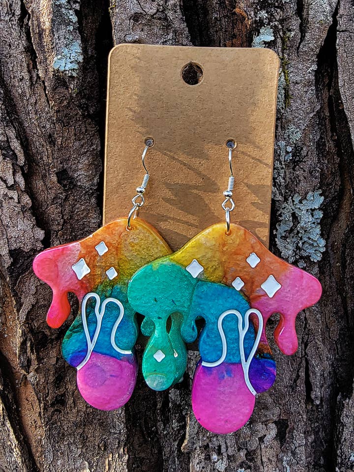 Drippy Mushroom Multicolored Earrings, White Etching for wholesale by Loving Appalachia Inc