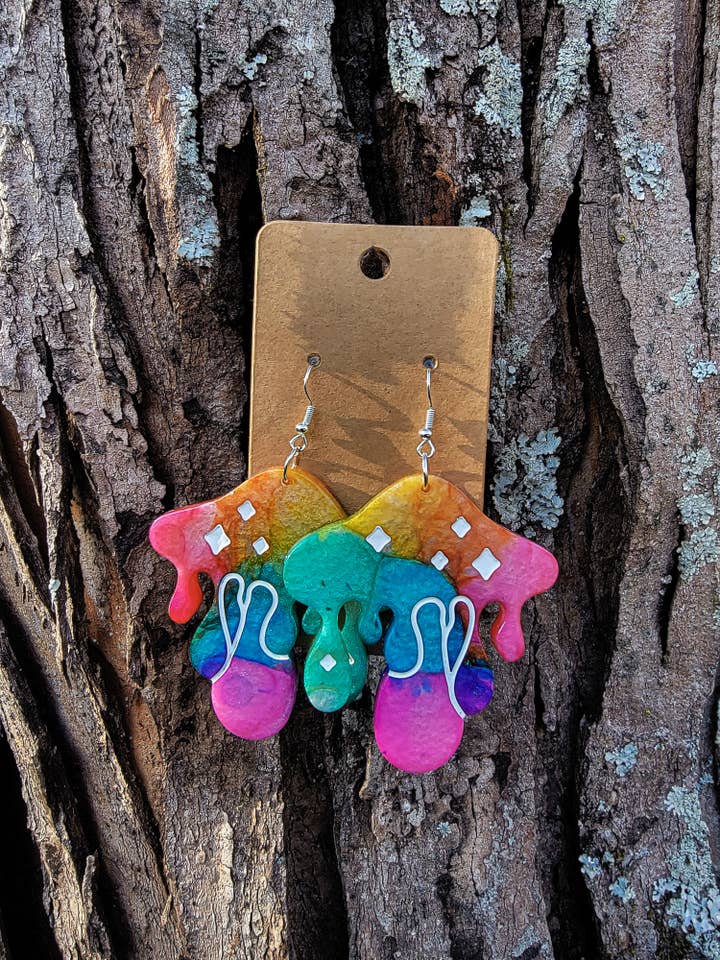 Drippy Mushroom Multicolored Earrings, White Etching for wholesale by Loving Appalachia Inc