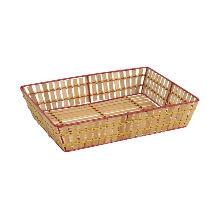Rectangular basket in red metal and natural bamboo for wholesale by Deffrennes
