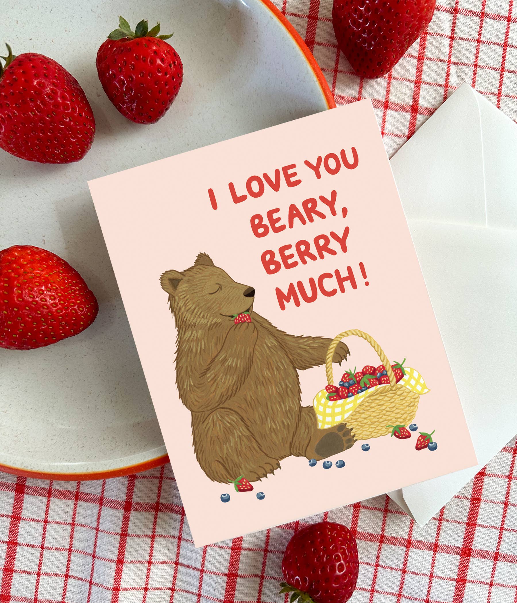 Yeppie Paper - Wholesale Love Card - Bear with Basket of Berries Love Card2