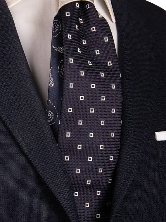 Blaue Zeremoniekrawatte mit grauem und silbernem Muster, grauer und silberner Kontrastknoten N3046 für den Großhandel von Graffeo Cravatte