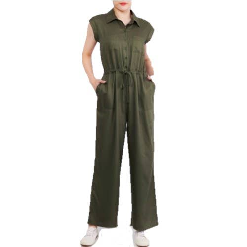 BHMU039 Extended Cap Sleeve Button Up Jumpsuit for wholesale by The Golden Touch Group