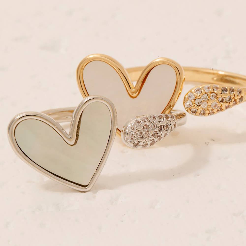 The Looks by Fame Accessories – wholesale Band/Stackad Ring – Guldpläterad Cz och Pärlemorhjärta Öppen Bandring0