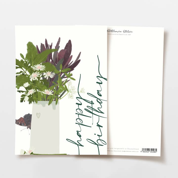 Grattiskort födelsedag med blomvas och fjäril, FSC-certifierat för wholesale av Wildblumen Atelier