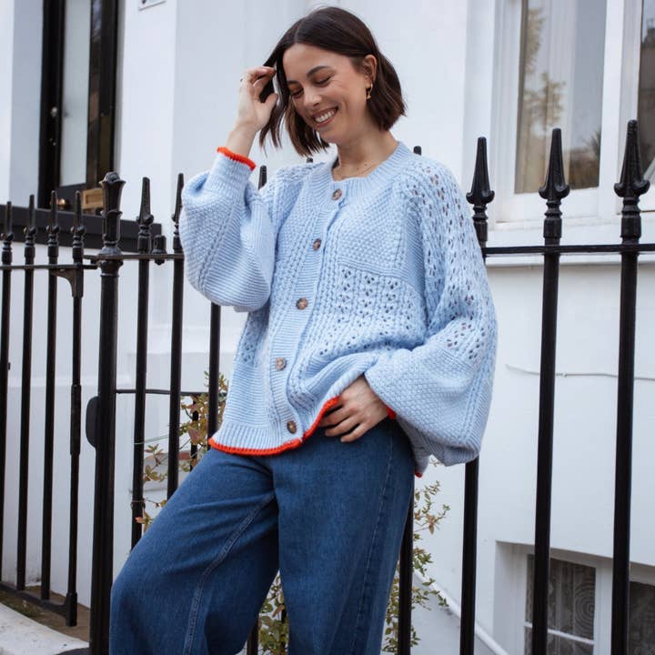 Cara & The Sky - Wholesale Cardigan - Women's - Brigit Pointelle Stitch Balloon Sleeve Cardigan - Blue17