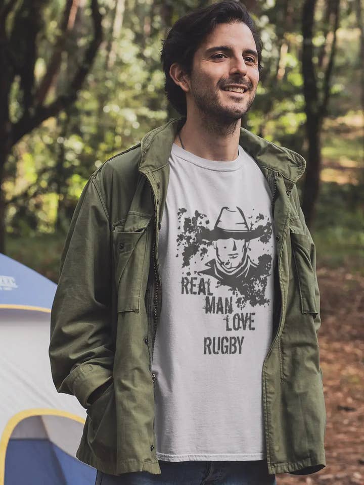 Camiseta para hombre « Rugby, real men love rugby » gris, ajuste ceñido para venta al por mayor de ULTRABASIC
