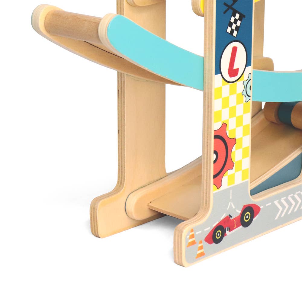 Leo & Friends - Vente Jouet en bois – enfant - Piste de course à rampe en bois Leo & Friends avec 4 voitures de course4