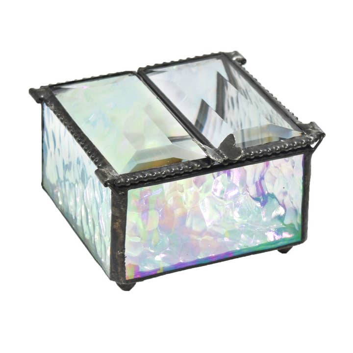 J Devlin Glass Art & Bert Anderson Collection - Wholesale Jewelry Box/Organizer - Box 185-2 Clear Iridescent Glass Box - Center Open2