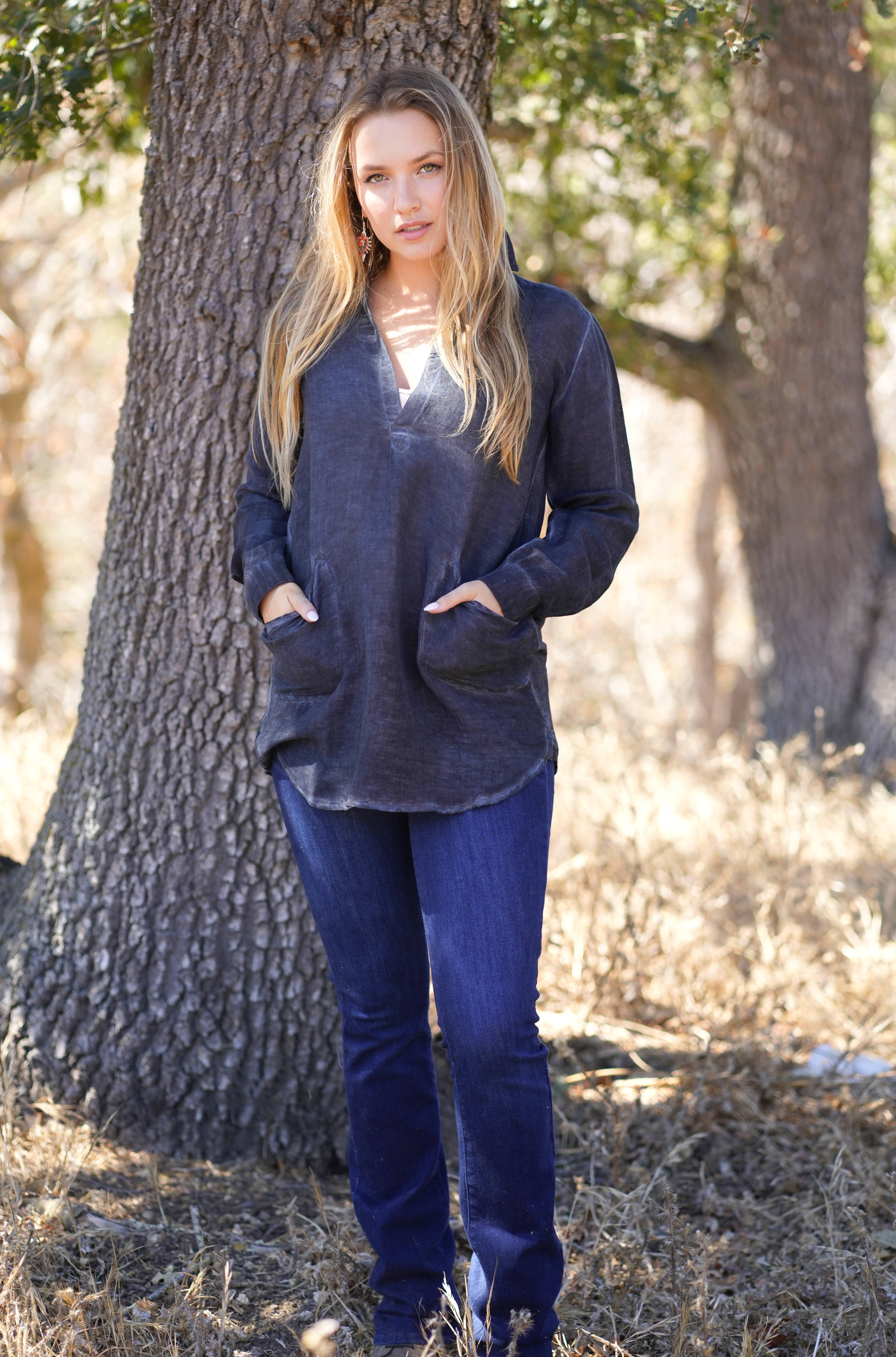 Anoushka Linen Top Navy for wholesale on Faire2