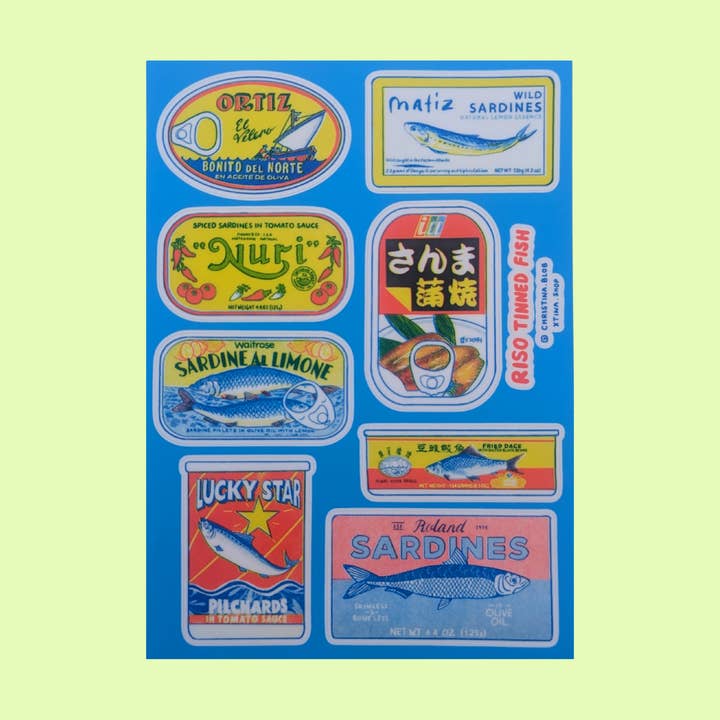 Christina Hu - Wholesale Sticker - Tinned Fish Riso Sticker Sheet | 5"x7"