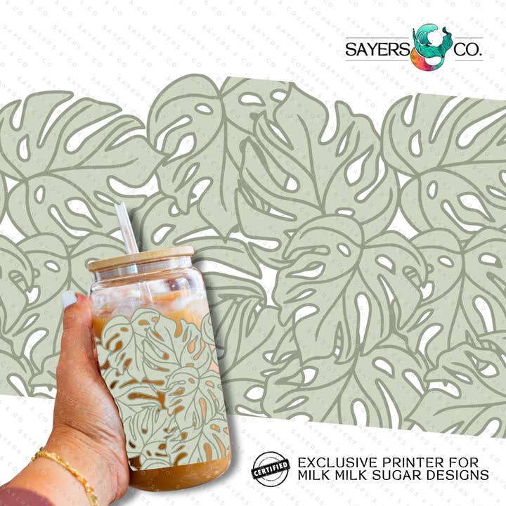 Impresión impresa por sublimación, transferencia o vinilo: impresora certificada con leche, leche y azúcar, impresión por sublimación floral Monstera Jungle de 16 oz para venta al por mayor de Sayers & Co.