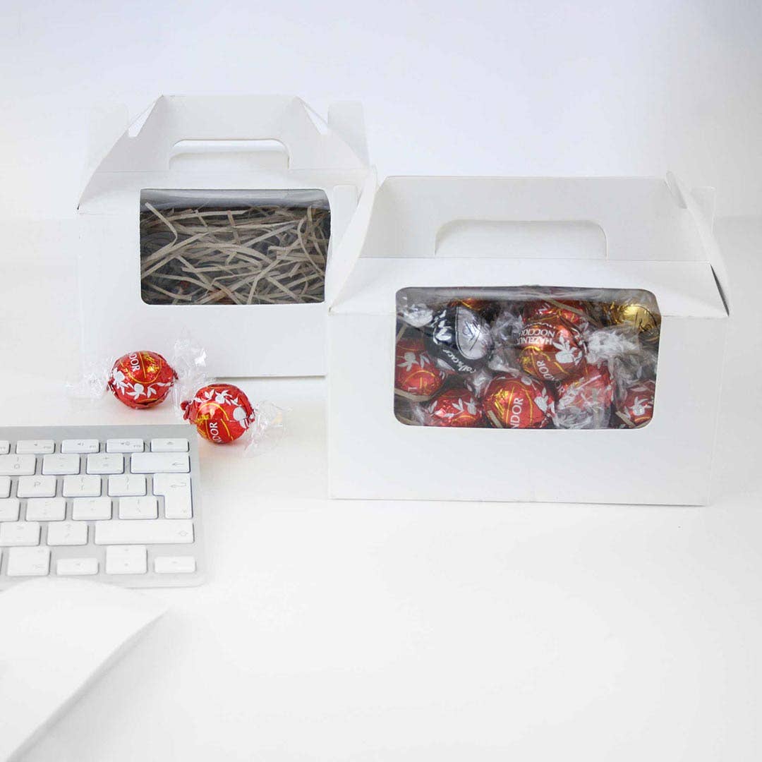 Emartbuy - Venta al por mayor Caja de regalo - Caja de papel kraft blanco con ventana transparente y asa, paquete de 125