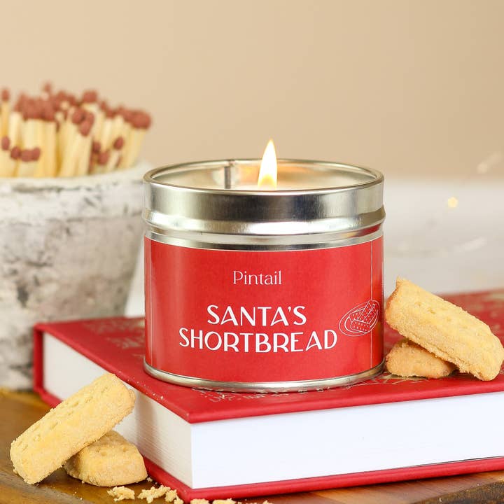 Santa's Shortbread Classic Tin Candle I Christmas Candle (Pack of 6) for wholesale by Pintail Candles | Avalon Home