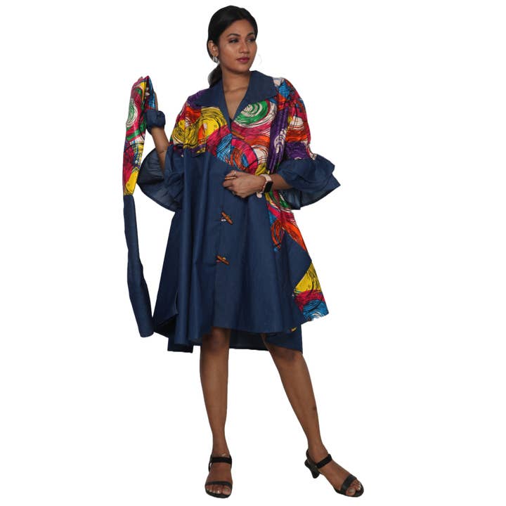 Women's Printed Denim Dress with Toggle Buttons -- FI-3139 for wholesale by African Stars