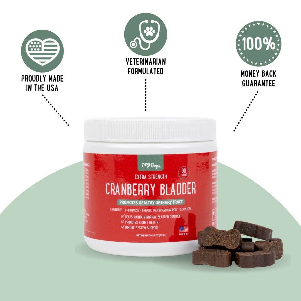 iHeartDogs.com - Vente Compléments alimentaires – chien - Soutien renforcé pour urines, vessie et reins chez les chiens – Canneberge, D-mannose et échinacée contre les infections urinaires fréquentes – 90 comprimés à mâcher - Faire6