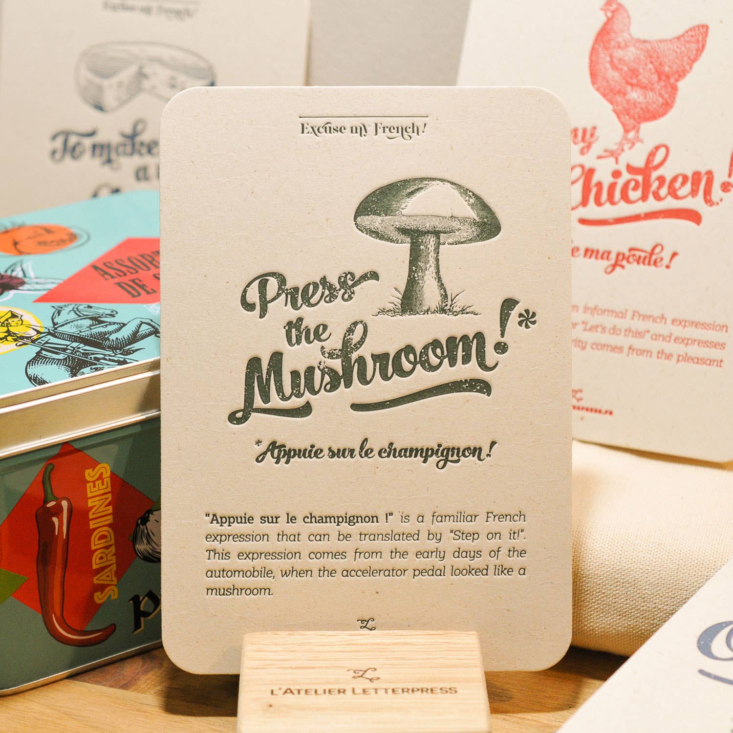 L'Atelier Letterpress – wholesale Vardagliga hälsningskort – Boktryckt kort med texten "Press the Mushroom"2
