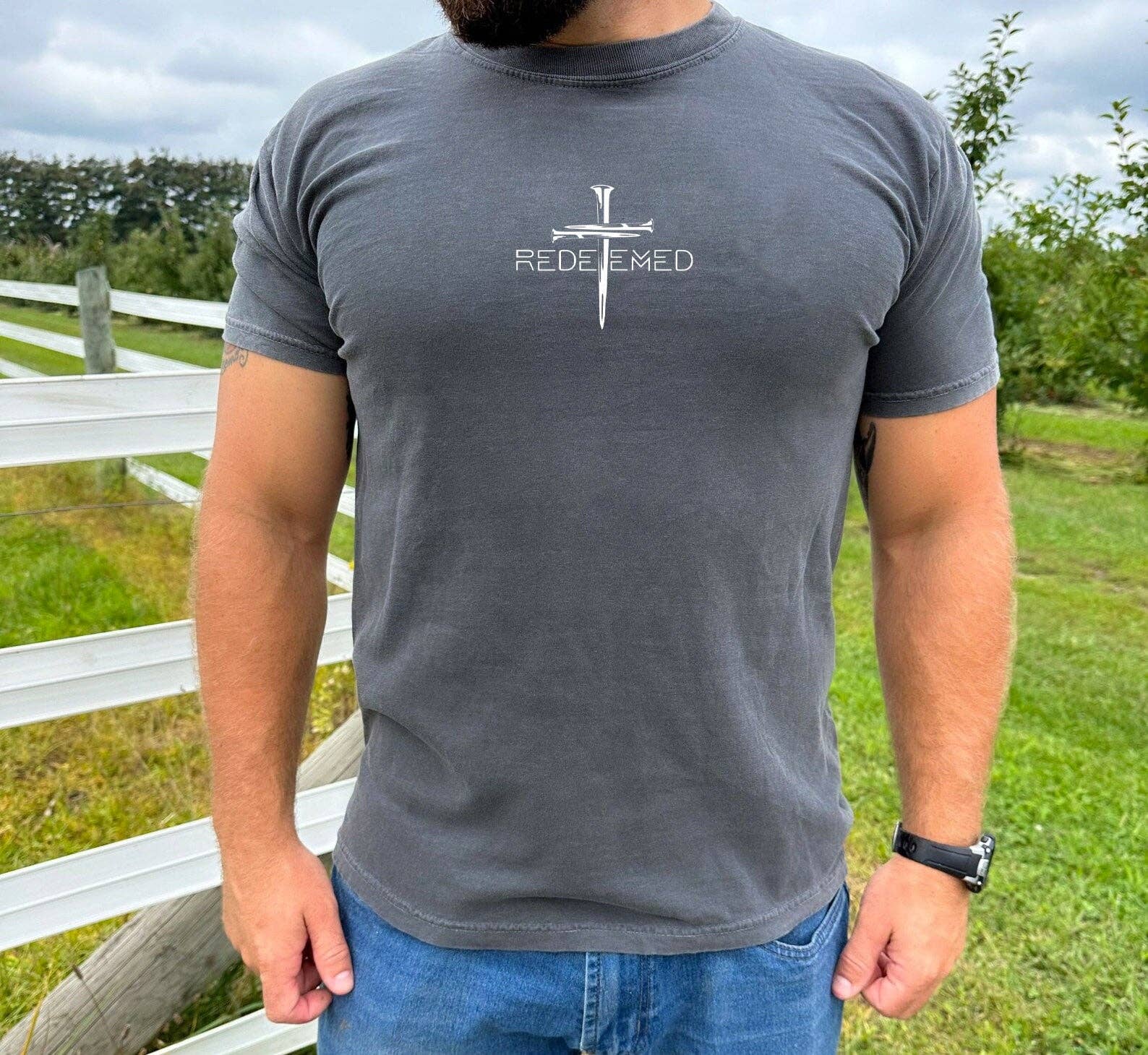 Dwell Apparel - Wholesale Screen Printed T-Shirt - Men's - REDEEMED CROSS UNISEX PEPPER TEE
