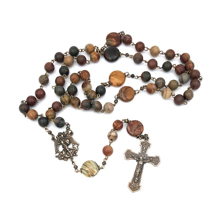 St. Michael Red Creek Jasper and Bronze Rosary for wholesale by MG Rosary
