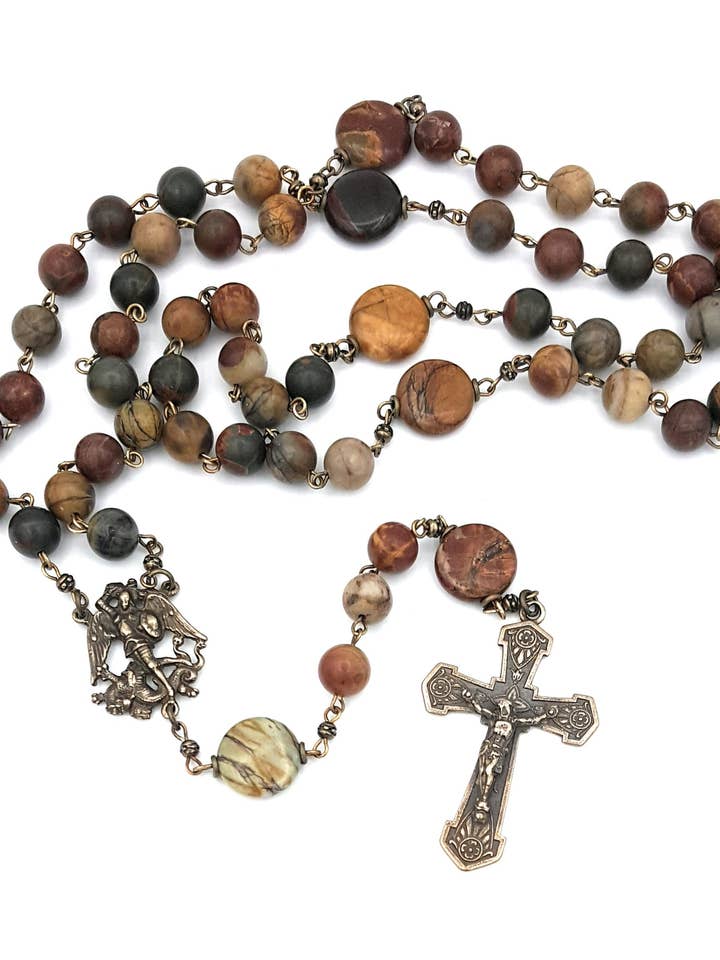 St. Michael Red Creek Jasper and Bronze Rosary for wholesale by MG Rosary