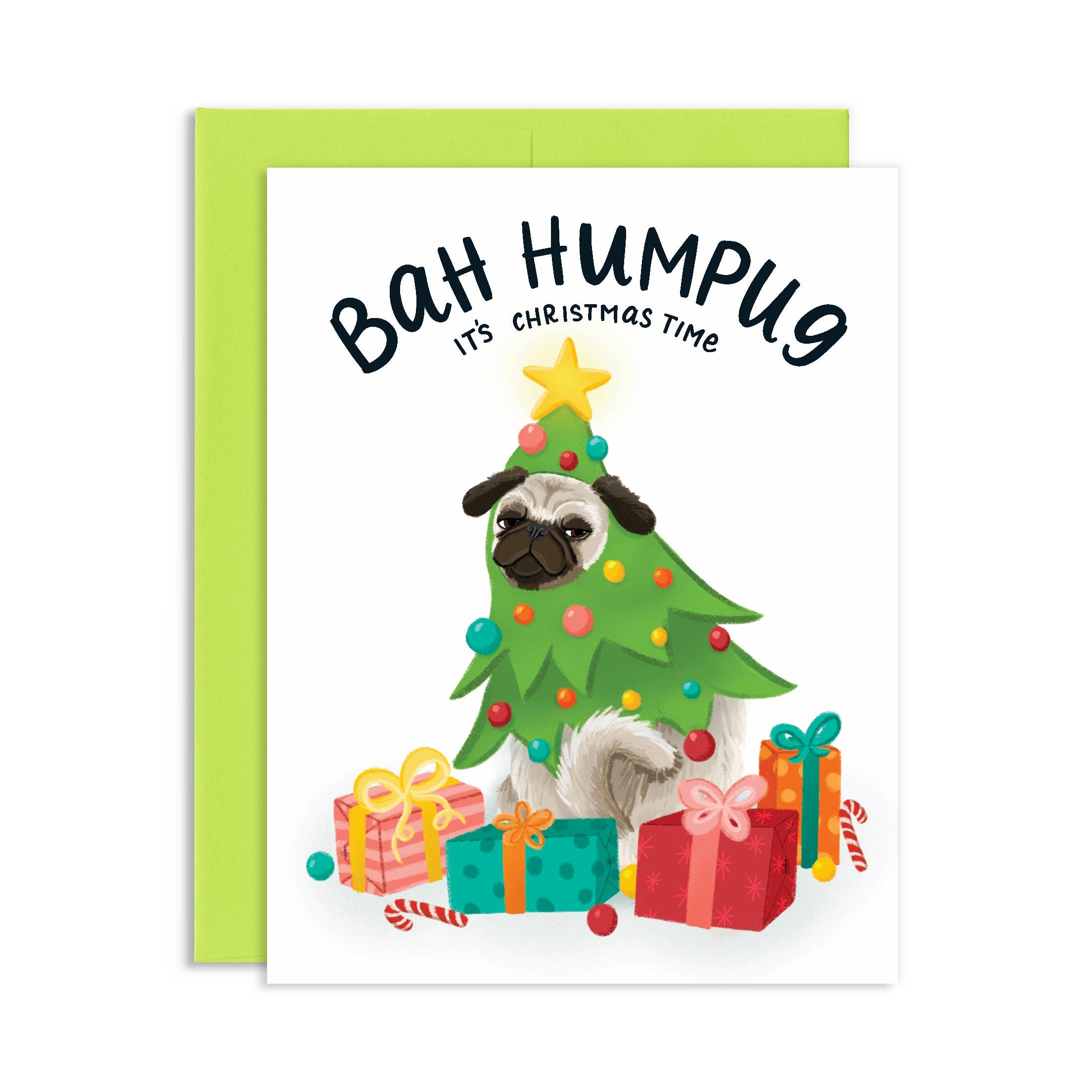 Grey Street Paper - Vente Cartes de Noël - Bah Hum Pug C'est Noël - Carte de vœux de Noël amusante pour chien